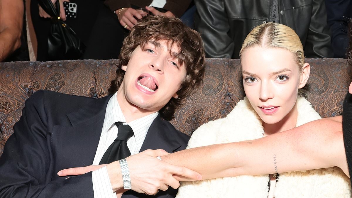 Anya Taylor-Joy puts on an animated display with husband Malcolm McRae as couple lark about at Miley Cyrus' listening party at Chateau Marmont