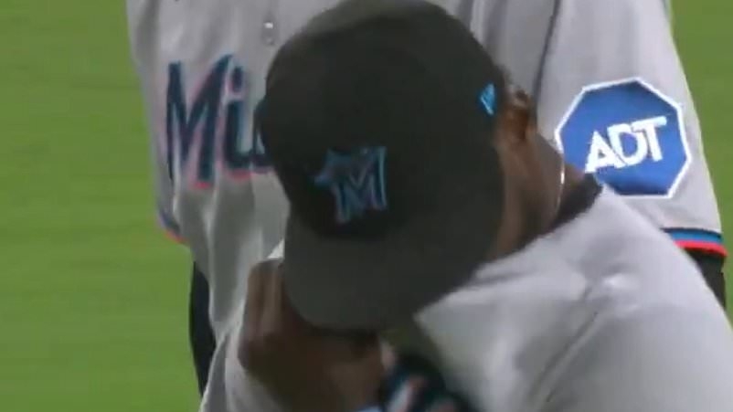 Heartbreaking moment Miami Marlins rookie bursts into tears on the field before leaving game early
