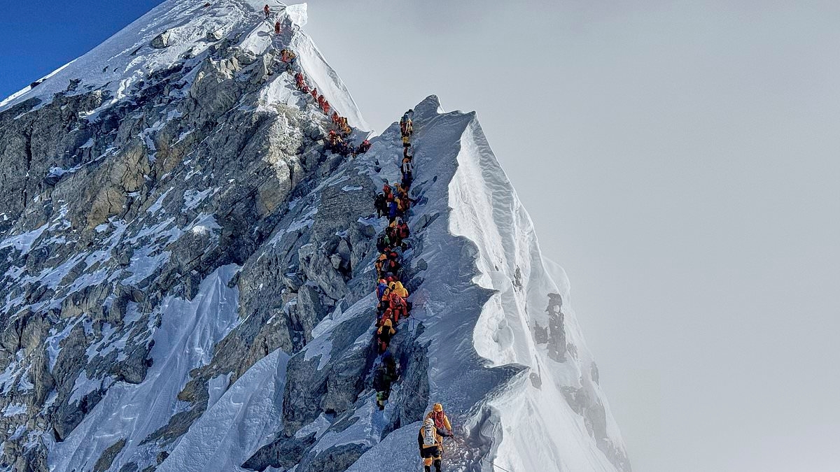 Queue at the top of world: Climbers wait to reach top of Mount Everest