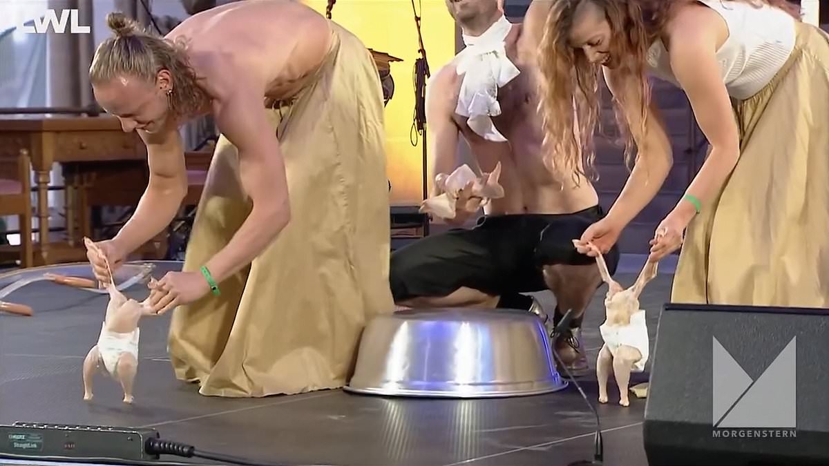 What the cluck?! 20,000 Christians condemn 'blasphemy' after cathedral art performance sees half-naked actors dance with plucked chickens in nappies