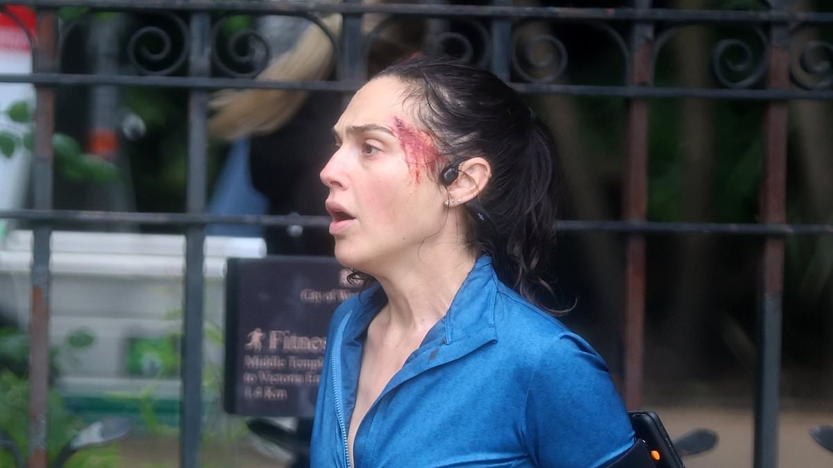 Gal Gadot sports a bloodied face as she runs through central London while filming thriller The Runner after pro-Gaza demonstrations disrupt filming