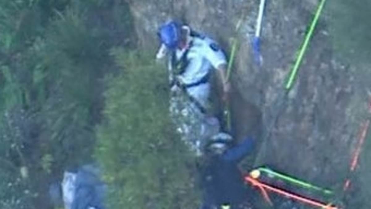 Dramatic rescue operation underway for stranded paraglider after he slammed into a cliff face at picturesque location