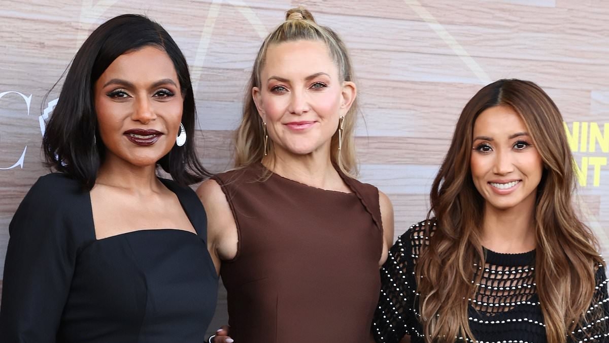 Kate Hudson cuts a stylish figure in a brown midi dress as she joins glamorous Mindy Kaling and Brenda Song on the Emmy FYC red carpet for Running Point in LA