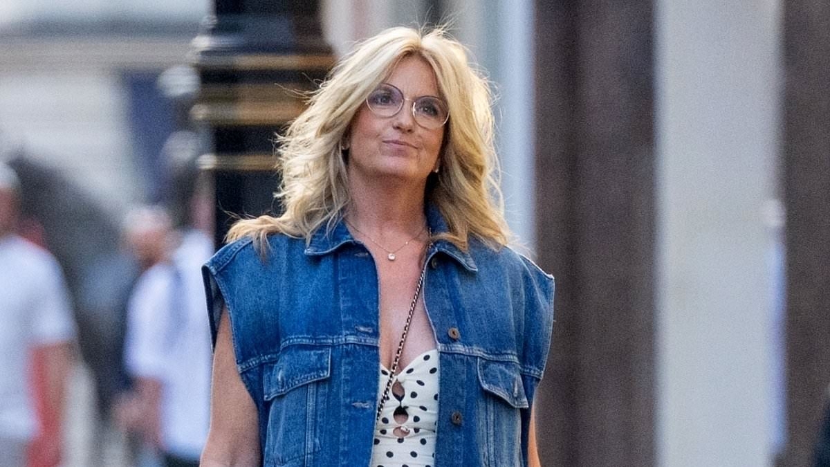 Penny Lancaster, 54, looks typically chic in a plunging white polka dot dress as she enjoys shopping spree and lunch with pals