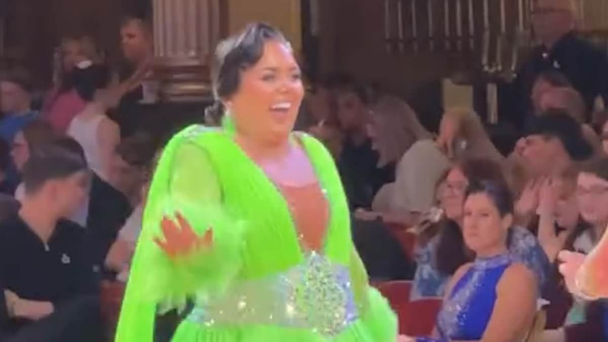 Scarlett Moffatt stuns in a neon green ballroom gown as she showcases her incredible talent at glitzy dance competition