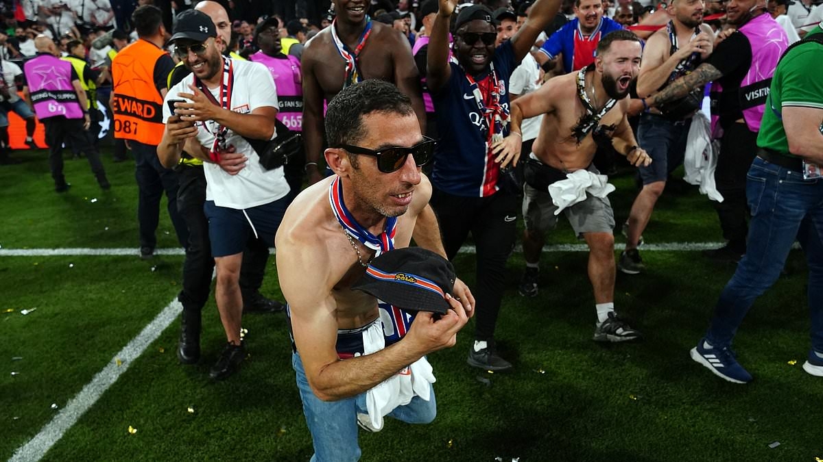 Thousands of PSG fans invade the pitch to tear down the goals and rip up the grass as they celebrate finally winning the Champions League
