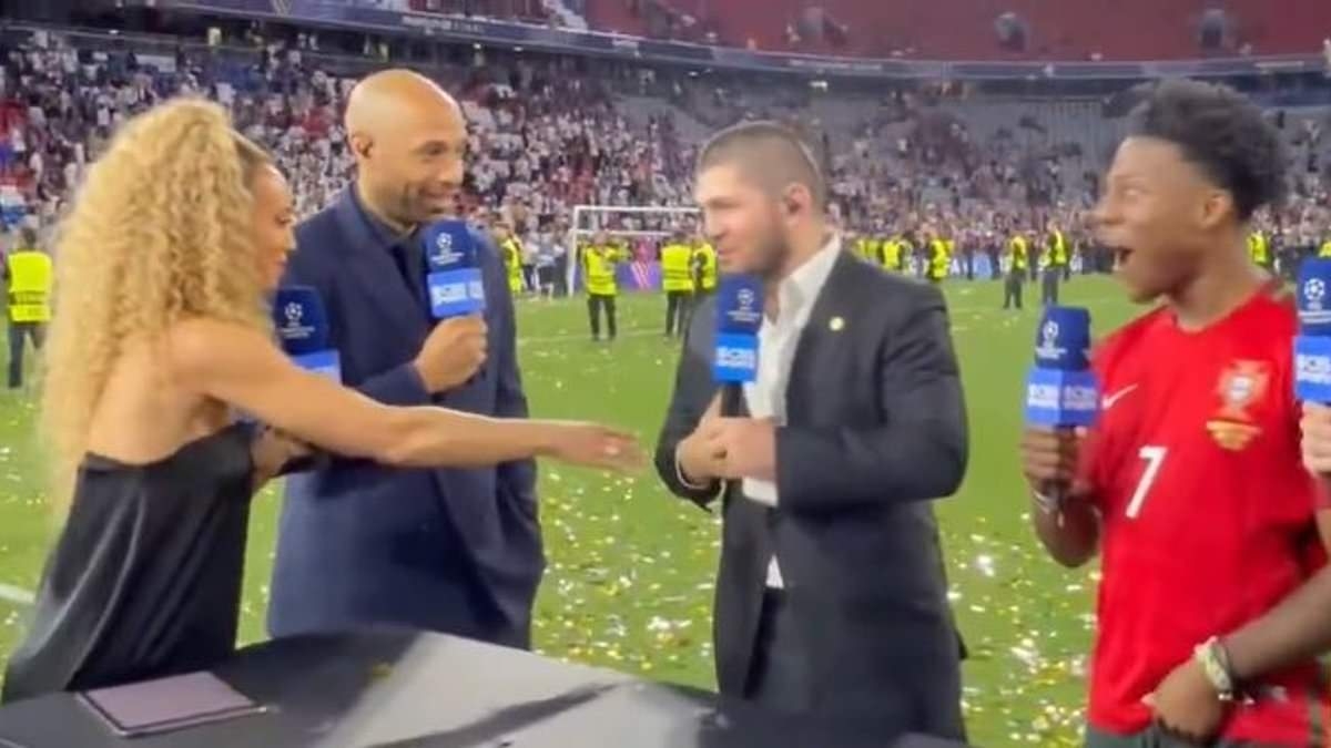 The awkward moment Muslim UFC legend Khabib Nurmagomedov refuses to shake Champions League final TV host Kate Scott's hand after greeting all of her male colleagues