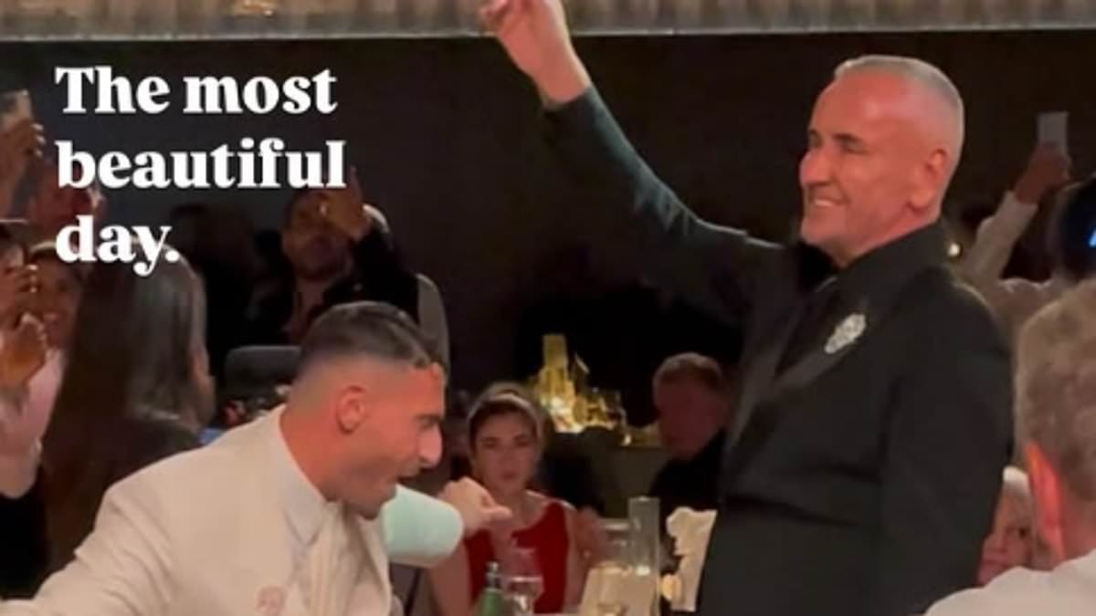 DJ Fat Tony is surprised with a VERY lewd wedding cake as he dances the night away with new husband Stavros Agapiou at star-studded nuptials