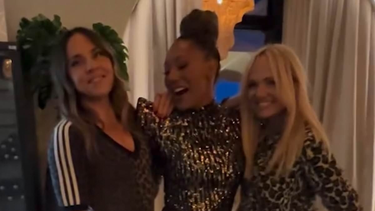 Mel B dances the night away with her leopard-print clad Spice Girls bandmates Mel C and Emma Bunton at lavish 50th birthday party