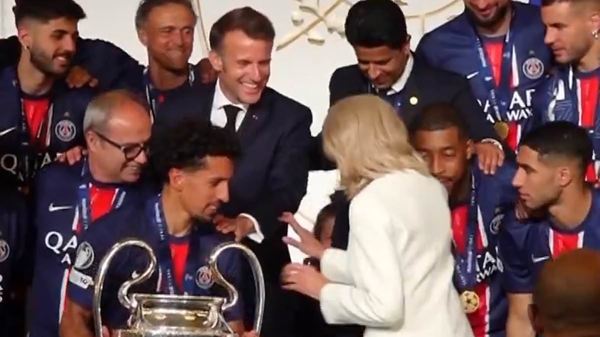 Moment jubilant Emmanuel Macron invites wife Brigitte to stand by his side during Champions League celebrations with PSG squad after tense week following 'slap' video and riots in France