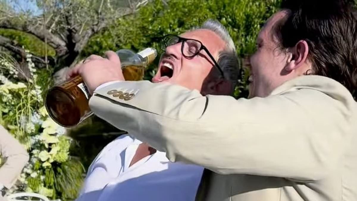 Gary Lineker reunites with brother Wayne amid 17-year feud as they swig booze from the bottle during pundit's son Harry's Ibiza wedding - with star left worse for wear after wild bash