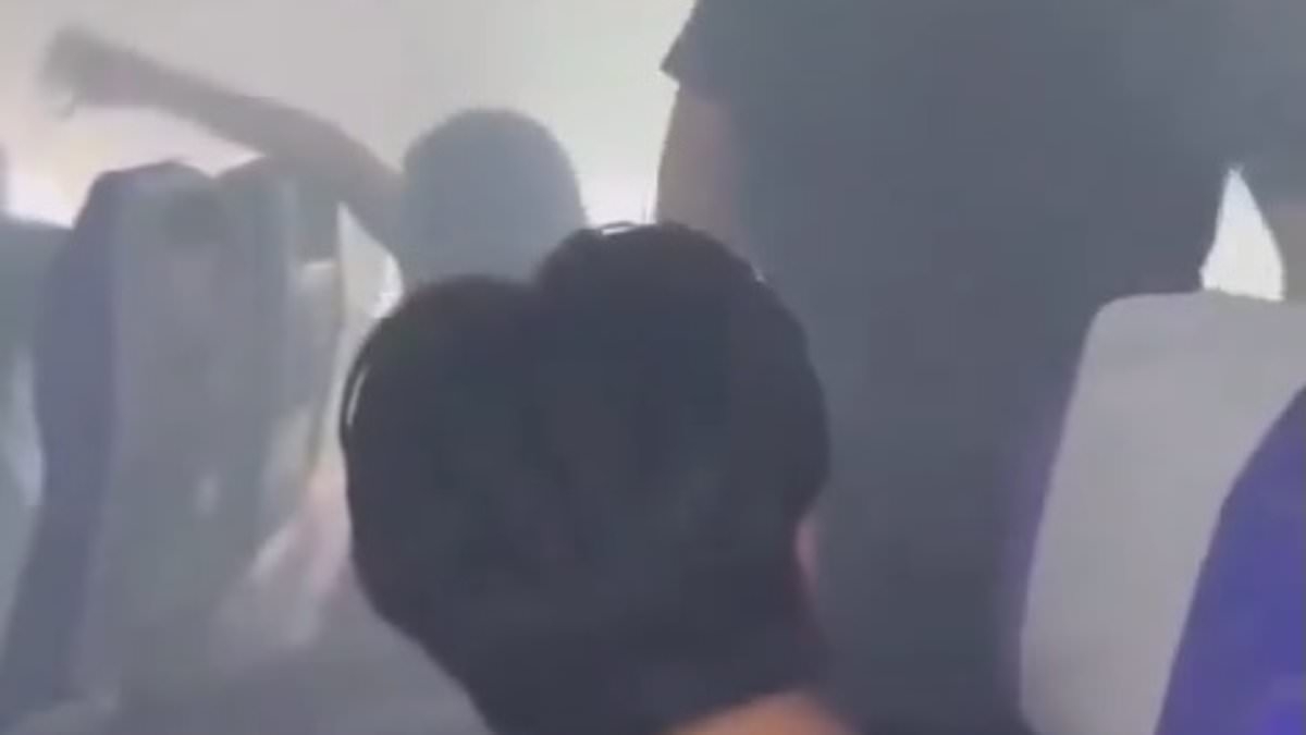 Moment airplane cabin fills with smoke after power bank EXPLODES just minutes after take off