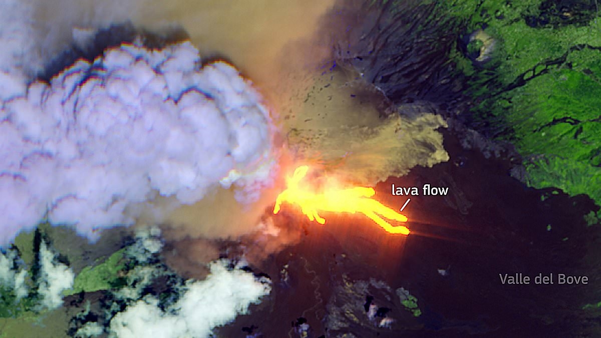 See Mount Etna's eruption from SPACE: Incredible satellite images reveal the moment the volcano spewed a gigantic plume of ash more than four miles into the sky - sending tourists running for their lives