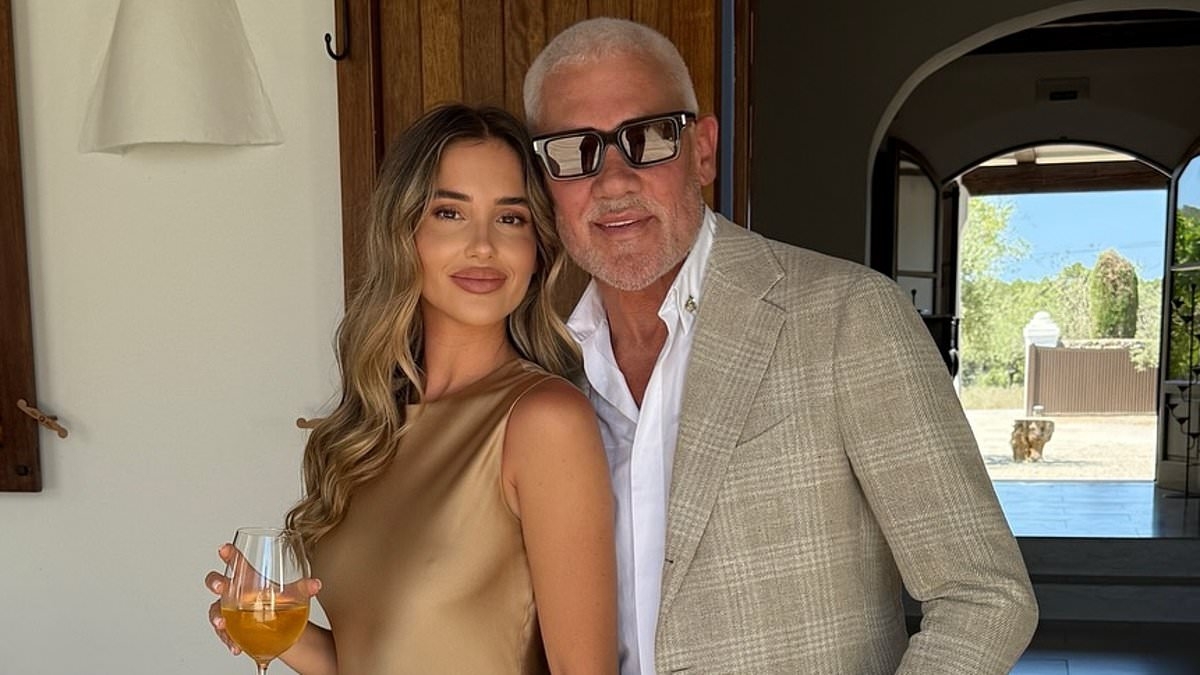 Tia Lineker looks glamorous in a champagne dress as she poses with father Wayne at Gary Lineker's son Harry's Ibiza wedding - despite 17-year family feud