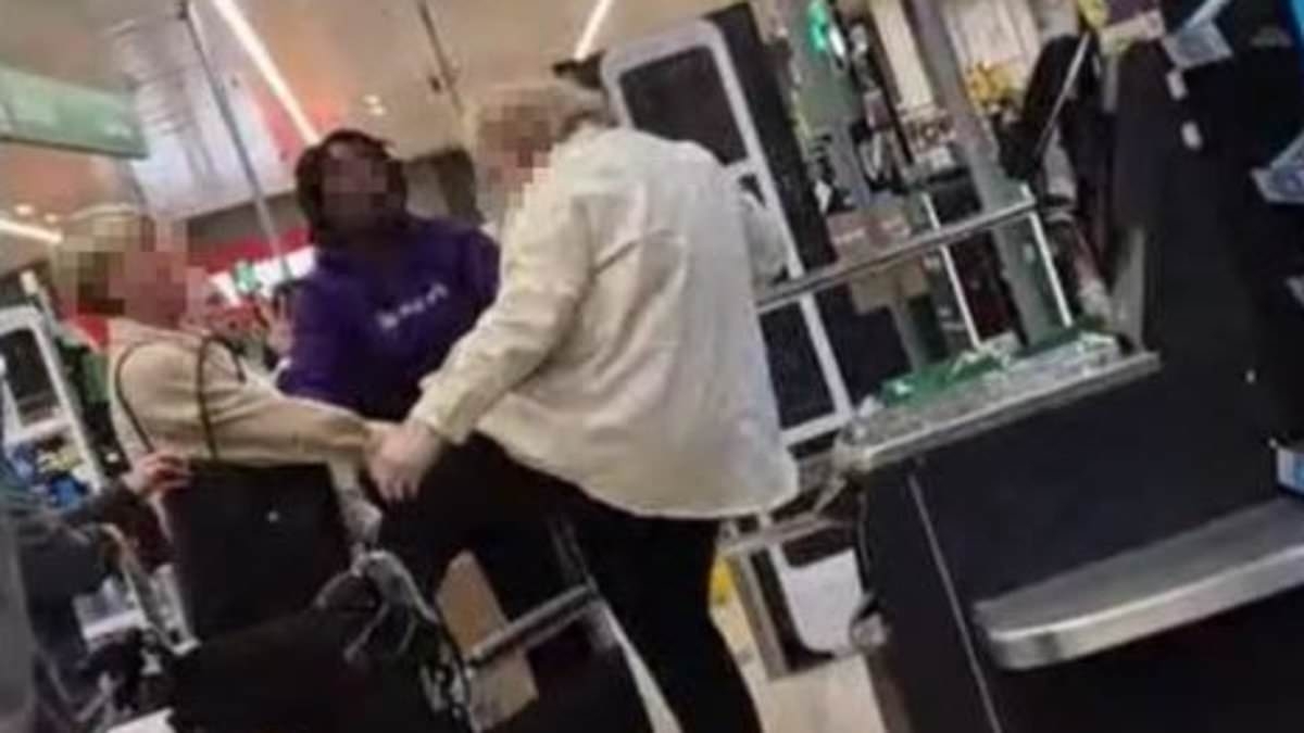 Shocking moment supermarket shopper starts hurling products at customers during self-service rampage - before 'brawling with woman on ground'