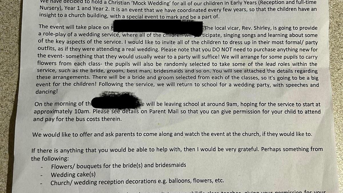 Parents rip into 'crackers' primary school over 'mock wedding' school trip to a church where seven-year-old pupils will play 'bride and groom'