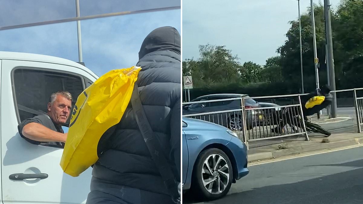 Instant karma! Moment aggressive biker attempts to punch man in a van before getting an embarrassing dose of payback