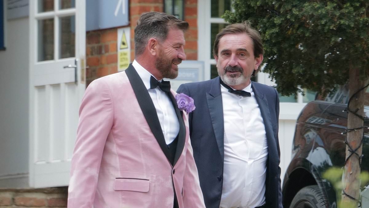 Nick Knowles and Katie Dadzie are MARRIED! Presenter, 62, dons a pink blazer as ties the knot with his lingerie boss bride, 34, who stuns in a quirky blue and white floral wedding dress