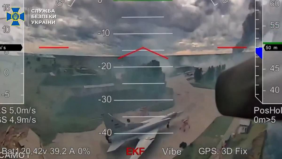 Amazing new footage from Ukraine's daring Operation Spiderweb shows drone's whole flight across flaming Russian airbase before it smashes into one of Putin's nuclear bombers