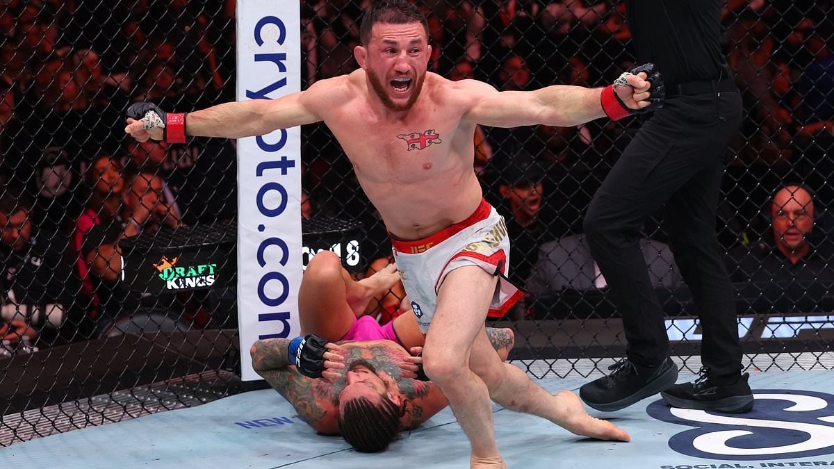 Merab Dvalishvili chokes Sean O'Malley in front of Donald Trump at UFC 316 before jumping over octagon for chat with president in New Jersey