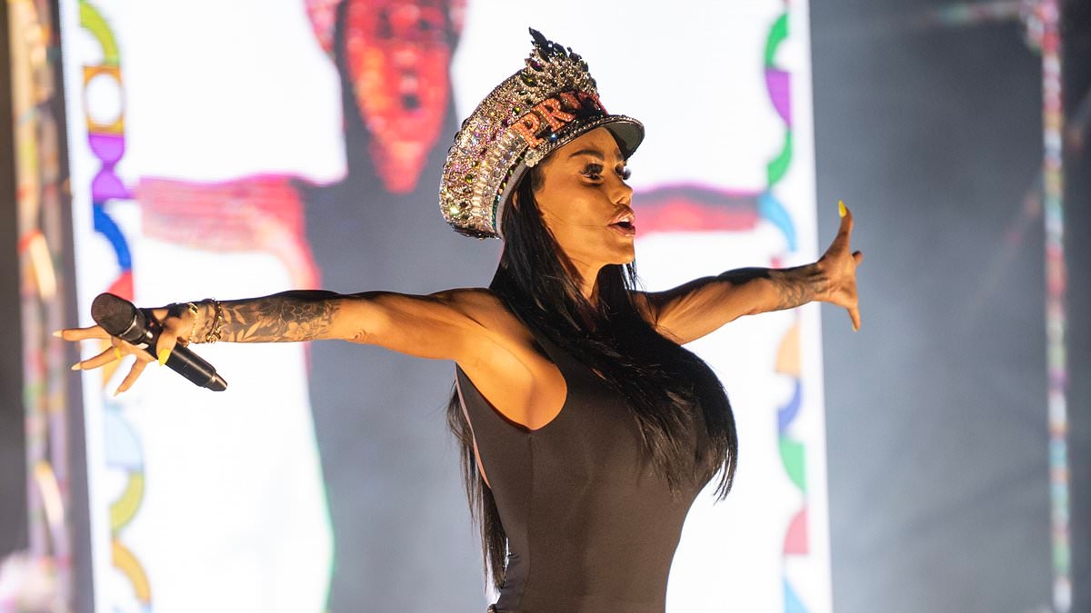 Katie Price continues to spark concern with her tiny figure as she takes to the stage in daring black leotard for headline performance at Portsmouth Pride