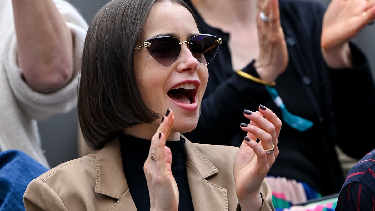 Lily Collins channels her Emily In Paris alter-ego with a chic beige look as she takes a break from filming season five to attend the 2025 French Open Men's Final at Roland Garros alongside Natalie Portman