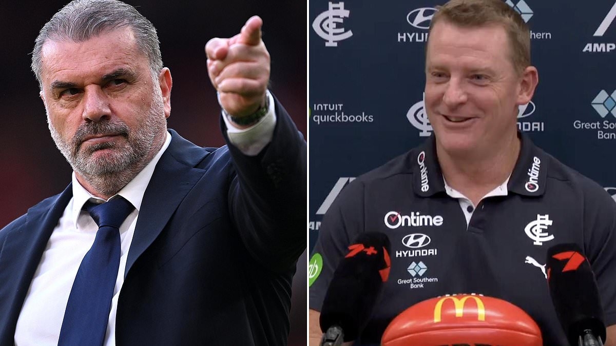 Michael Voss jokes Ange Postecoglou is welcome to join Carlton's coaching staff following his controversial sacking - as the Blues hold off Essendon to seal huge victory