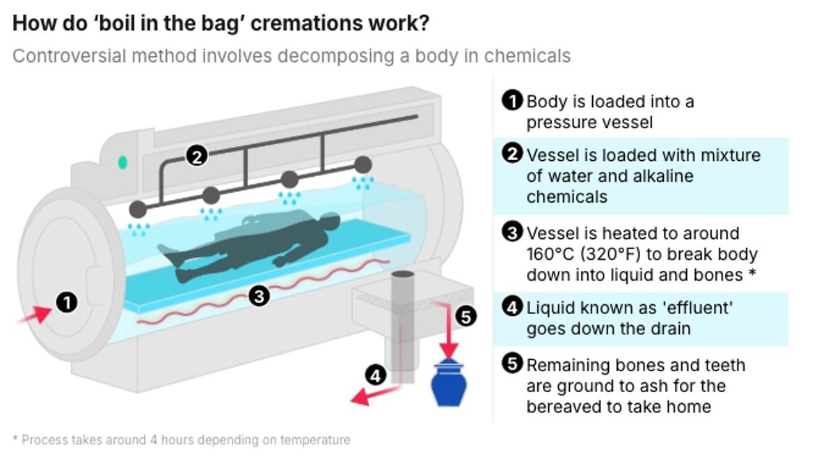 'Boil in a bag' funerals to become available in Britain after catching on around the world - here's how the controversial method works