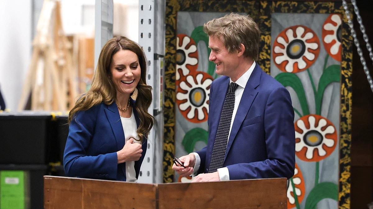 Princess of Wales cuts a trendy figure in navy trouser suit as she visits buzzy V&A storehouse in east London