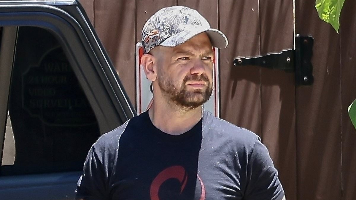 Jack Osbourne shows off his muscular physique in a fitted T-shirt as he shares a kiss with wife Aree during trip to visit parents Ozzy and Sharon