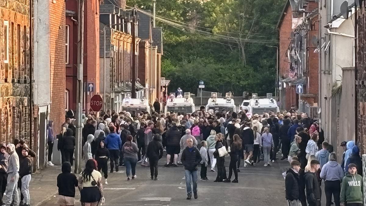 Missiles launched at police as 100s take to the streets of Northern Ireland for a second night after 'Romanian' teenagers appeared in court over alleged attempted rape - as cops make third arrest