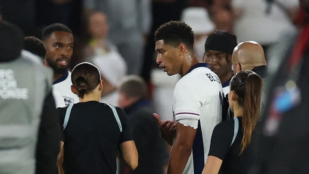 Furious Jude Bellingham loses his temper AGAIN as England star hounds assistant referee and boots a drinks cooler after controversial disallowed goal in Senegal defeat