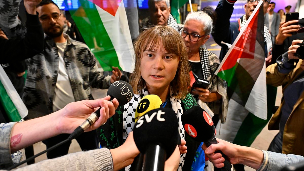 Greta Thunberg's angry reaction when she is asked about some of 'freedom flotilla' group's support for Hamas and Hezbollah - as she is welcomed by crowd chanting 'Free Palestine' after deportation from Israel