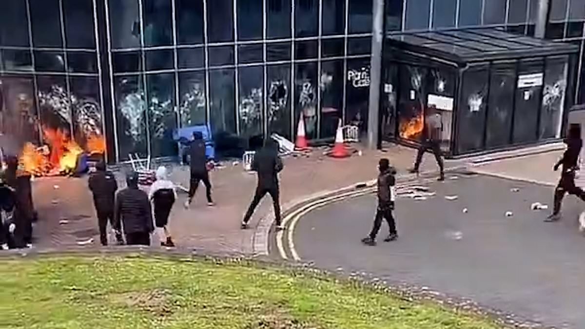 BREAKING NEWS Leisure Centre 'being used as emergency accommodation for immigrants' goes up in flames after being set on fire by masked yobs: Riot cops swarm streets as Northern Ireland enters its third night of unrest
