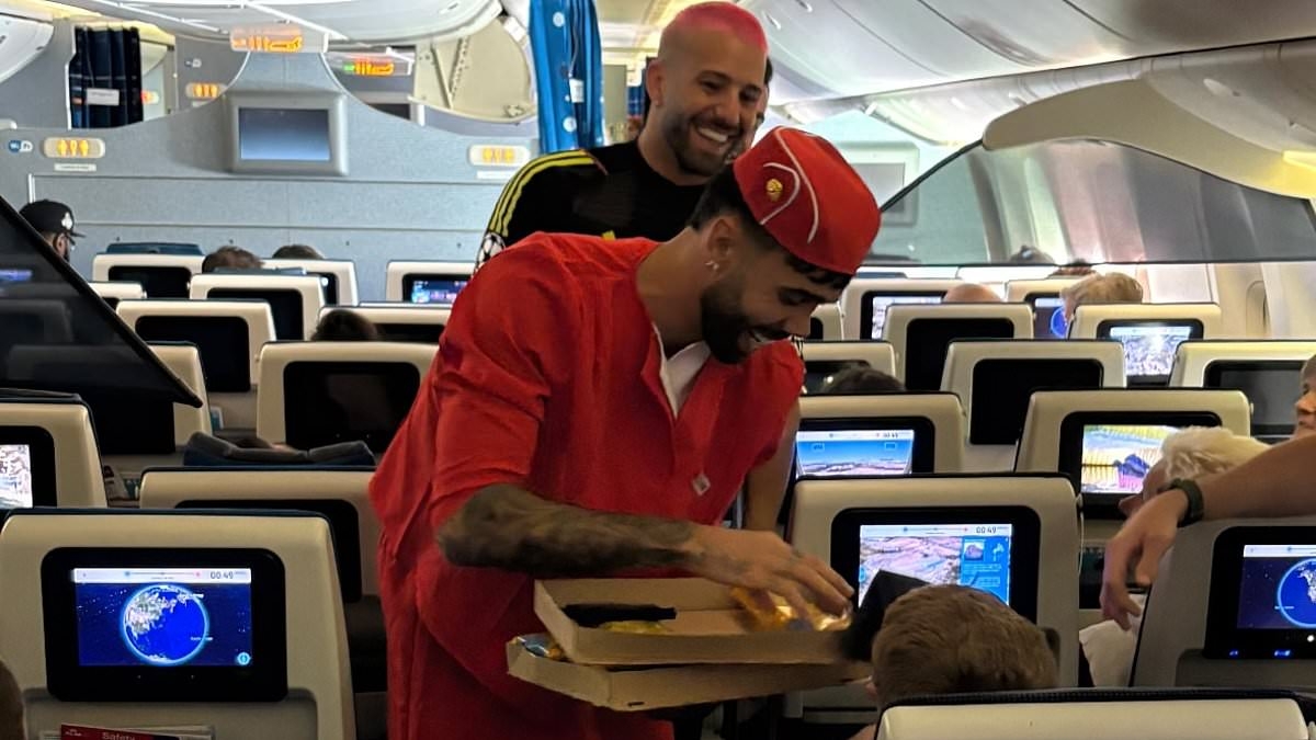 Arsenal star David Raya dresses as an air stewardess and serves passengers for his Las Vegas stag do after proposing to his model fiancee last year