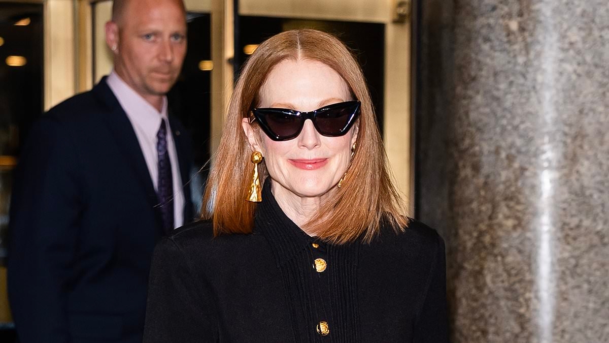 Julianne Moore, 64, puts on leggy display in a thigh-high split fringed dress as she steps out in New York - amid plans to relocate to the UK