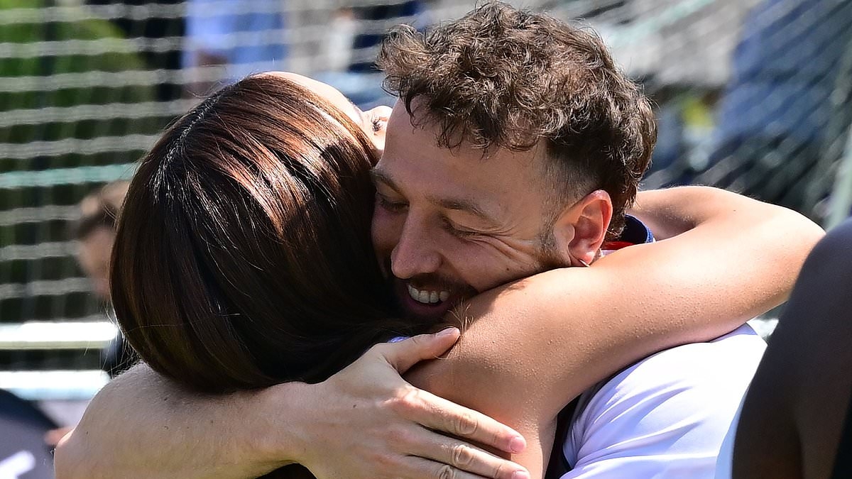 Alex Scott consoles Sam Thompson with a hug as he exits Soccer Aid match following another awkward exchange with Louis Tomlinson