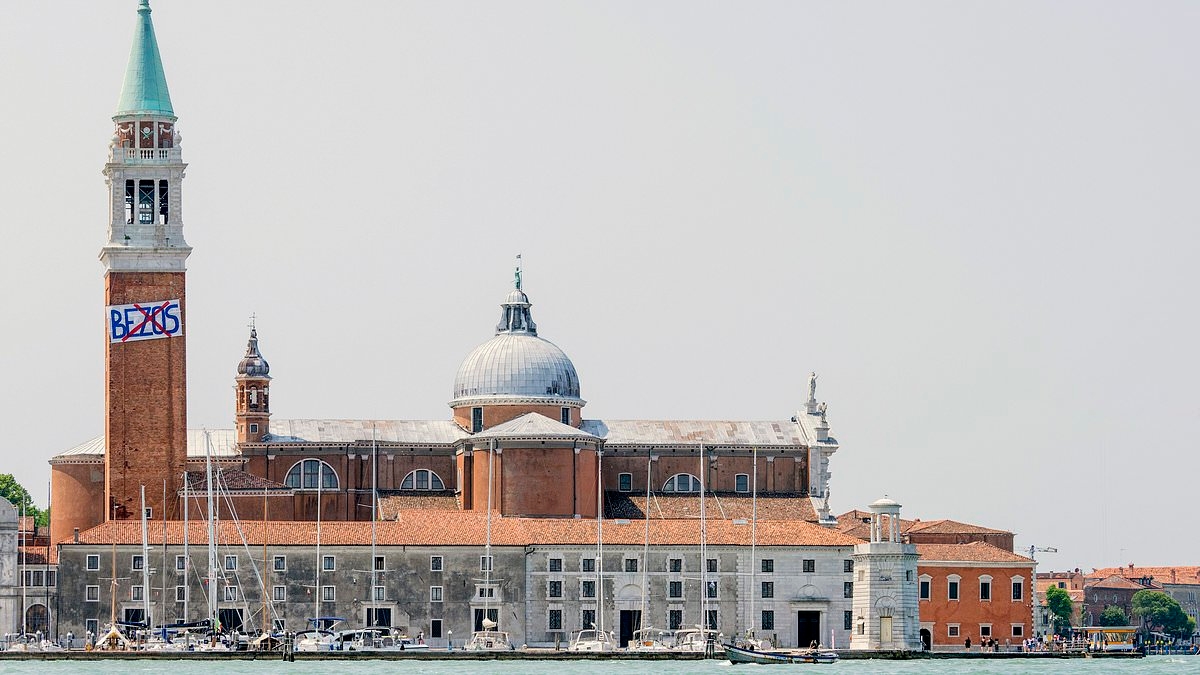 Buzz off, Bezos! Amazon tycoon and bride-to-be Lauren Sanchez get an early wedding message from Venice protesters