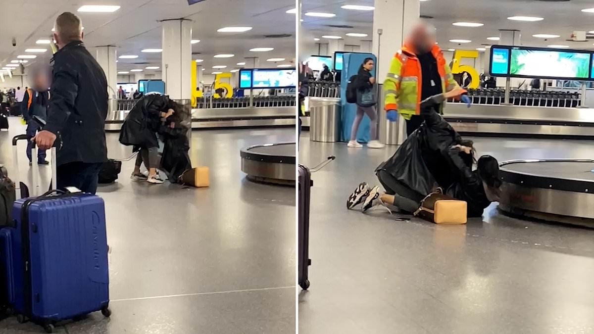 Shocking moment two women brawl in arrivals hall at Gatwick before it's broken up by airport staff
