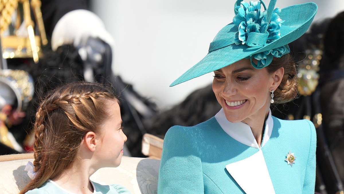 Kate and Charlotte beam as the royals arrive for Trooping the Colour in glorious sunshine with Louis and George - and a barely recognisable Prince William!