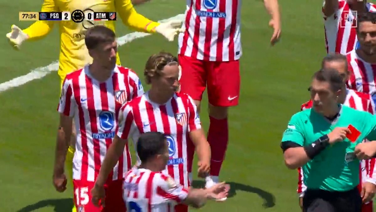 Club World Cup sees its first red card - but only after referee FORGOT he had already booked Atletico Madrid defender as PSG win 4-0