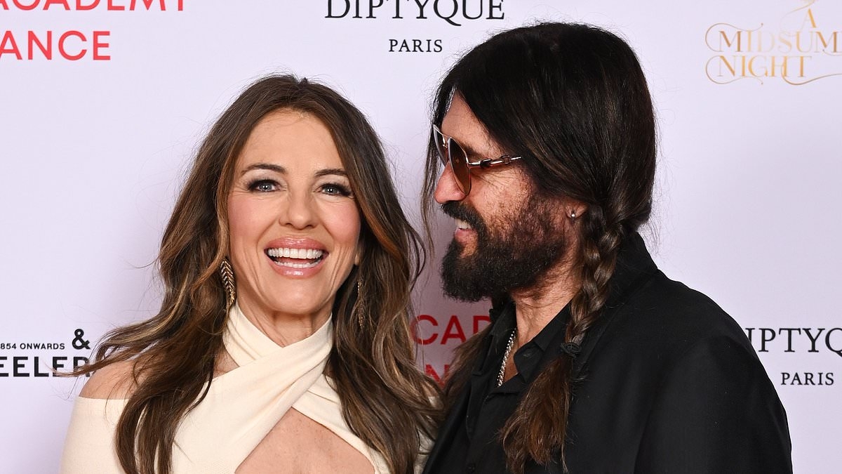 Elizabeth Hurley looks loved-up with boyfriend Billy Ray Cyrus as actress stuns in a plunging midi dress at The Royal Academy of Dance event