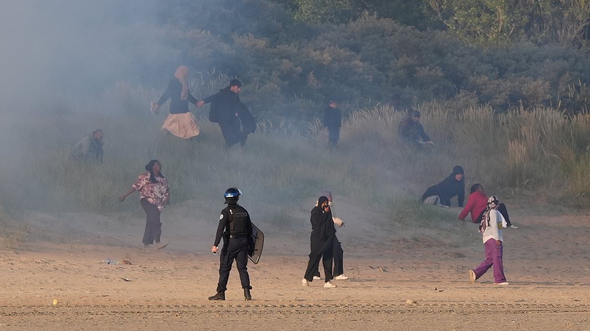 Migrants slump to the ground as French police again use tear gas to stop them setting off for Britain... but many more make it to waiting 'taxi boats' yelling 'England, England!'