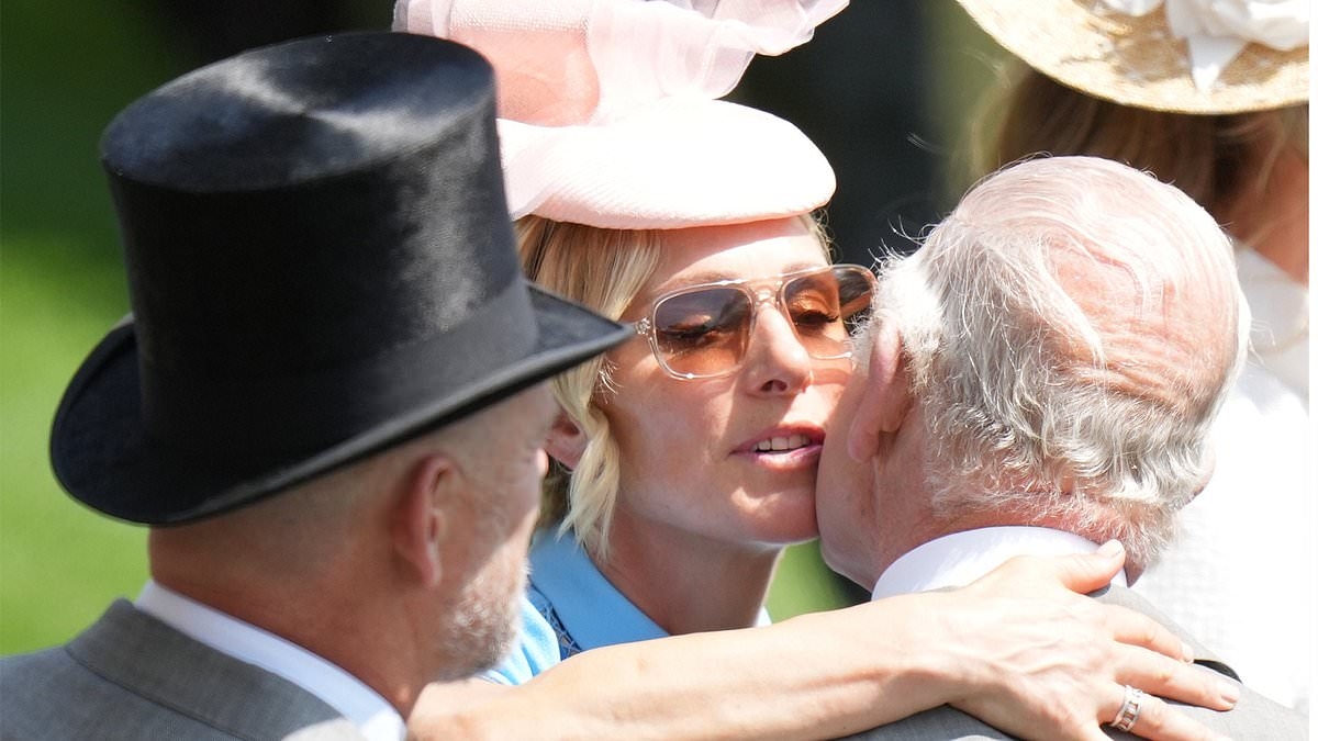 Zara and Mike Tindall shrug off stuffy formality as they warmly greet royal relatives - including the King - with pecks on the cheeks at Ascot