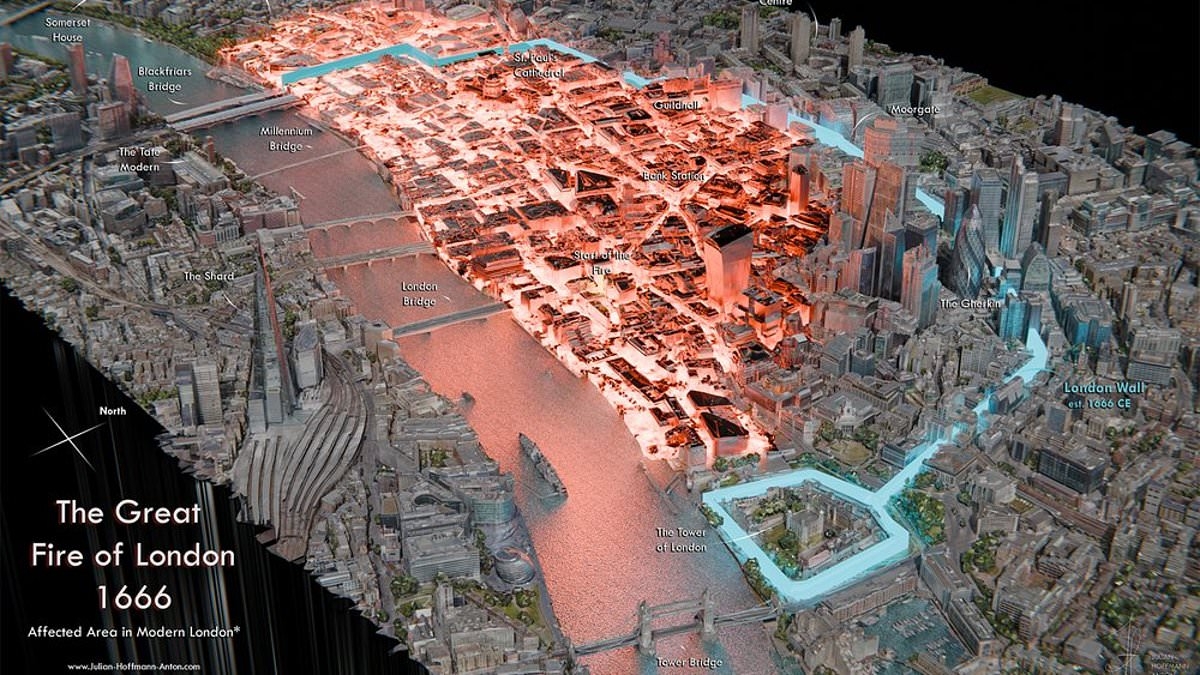What would happen if the Great Fire of London took place TODAY: Terrifying map reveals the modern landmarks that would perish - including the Walkie-Talkie, Bank Station, and The Ned