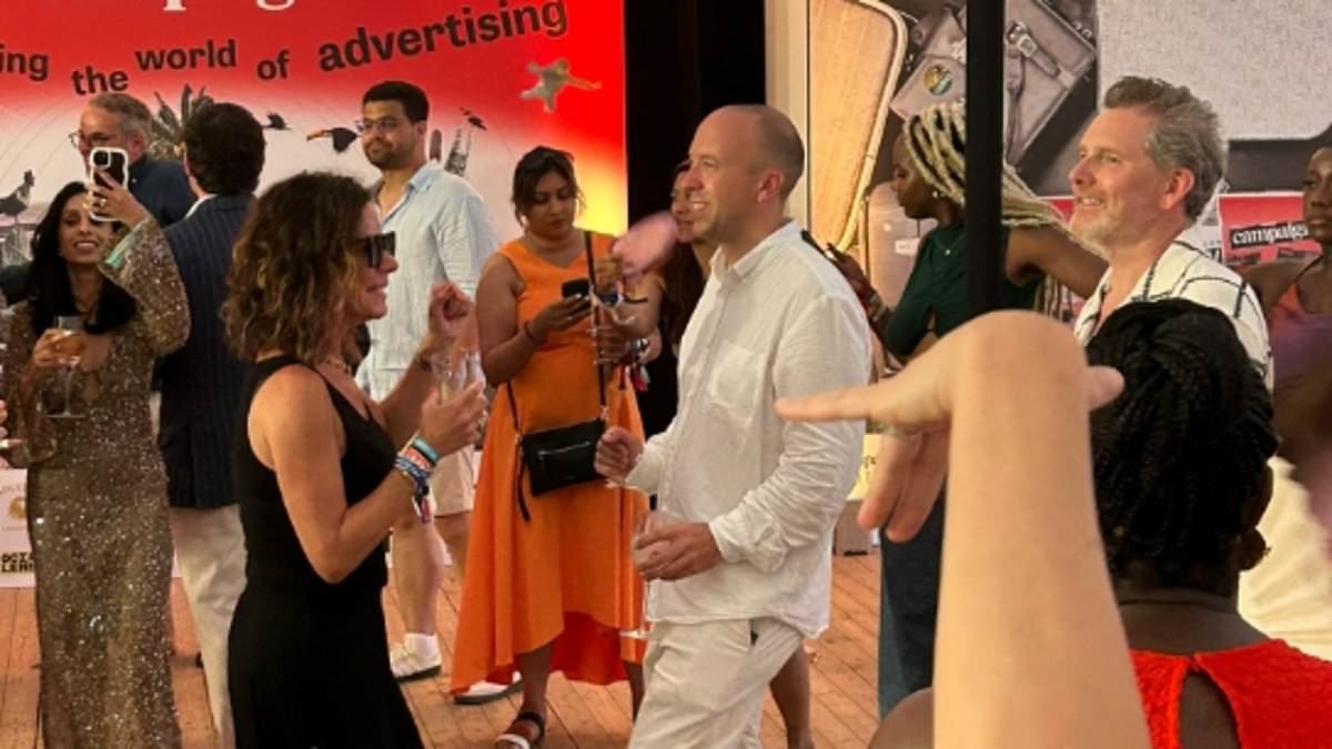 EXCLUSIVE Living the cream? Matt Hancock, 46, dons VERY youthful outfit as he parties on the beach at invite-only Cannes bash