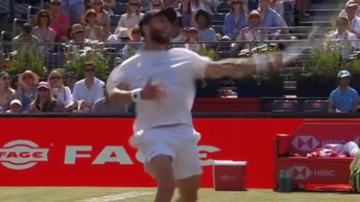 Hot-headed tennis star Corentin Moutet given THREE code violations and throws his racquet in Queen's meltdown versus victorious Brit Jacob Fearnley