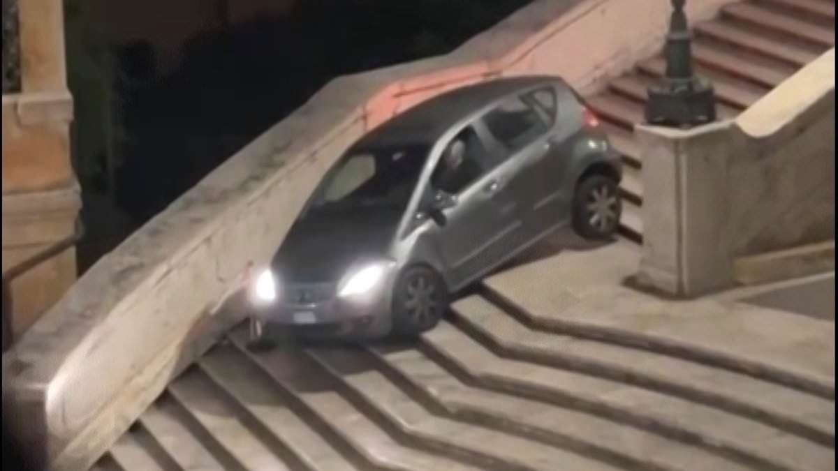 The dramatic moment a pensioner gets stuck driving down iconic Rome landmark - before being hoisted out by crane