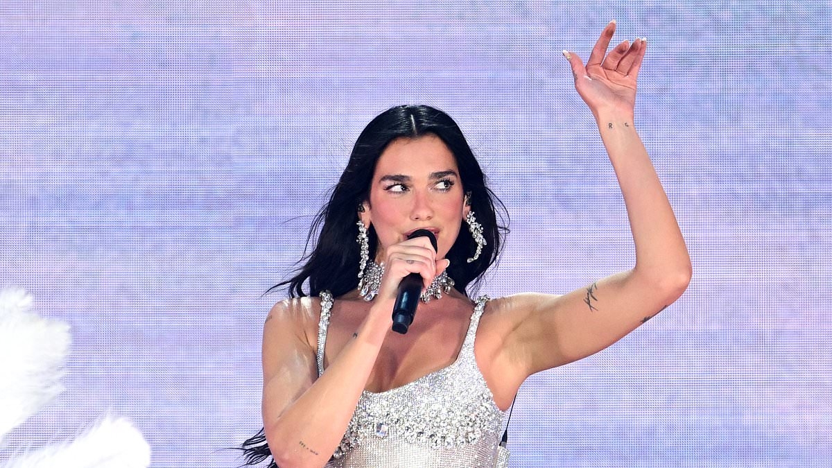Dua Lipa stuns in a sequin bodysuit and fishnet stockings as she's joined on stage at Wembley Stadium by a special guest