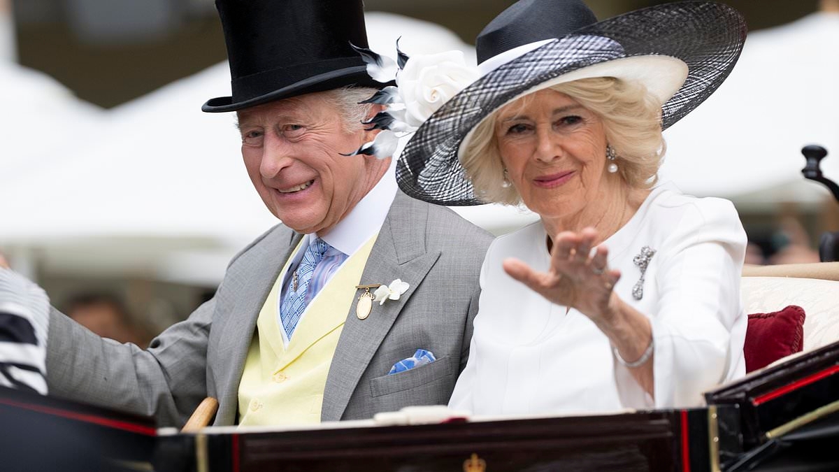 King Charles beams as he arrives at Ascot for fifth consecutive day alongside Queen Camilla in horse drawn carriage